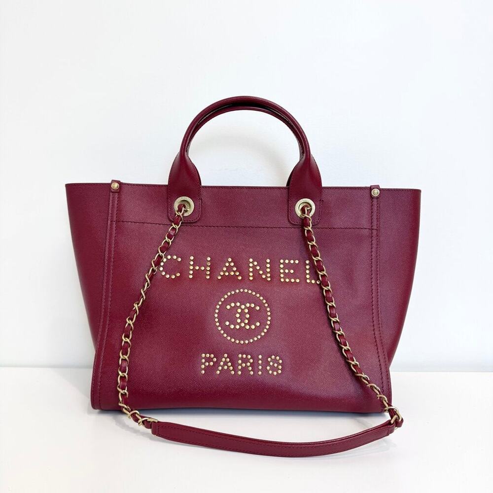 CHANEL Small Red Caviar Leather Gold Studded Deauville Shopper Tote Bag CC Logo